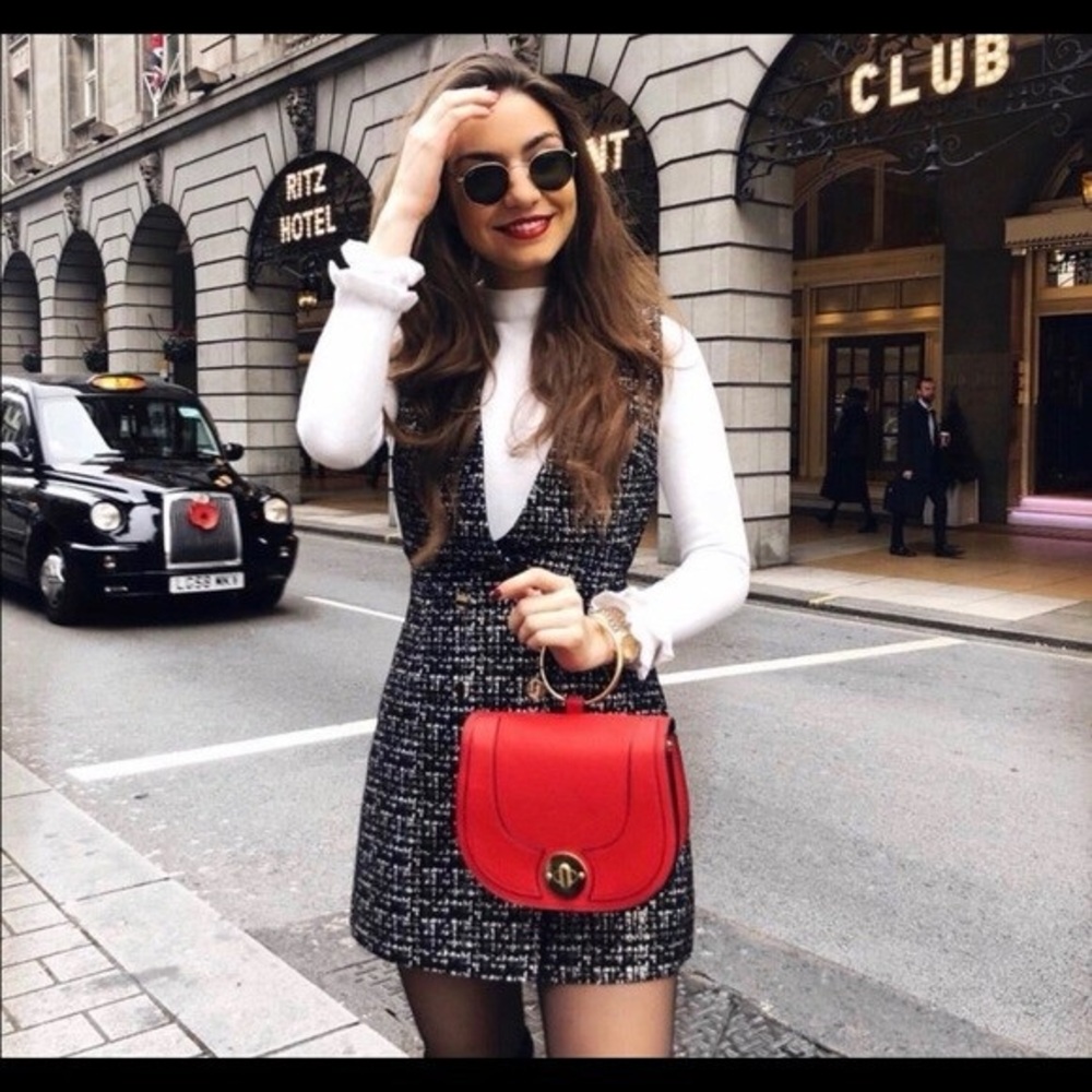 Black and white tweed Zara mini dress with cinched belt